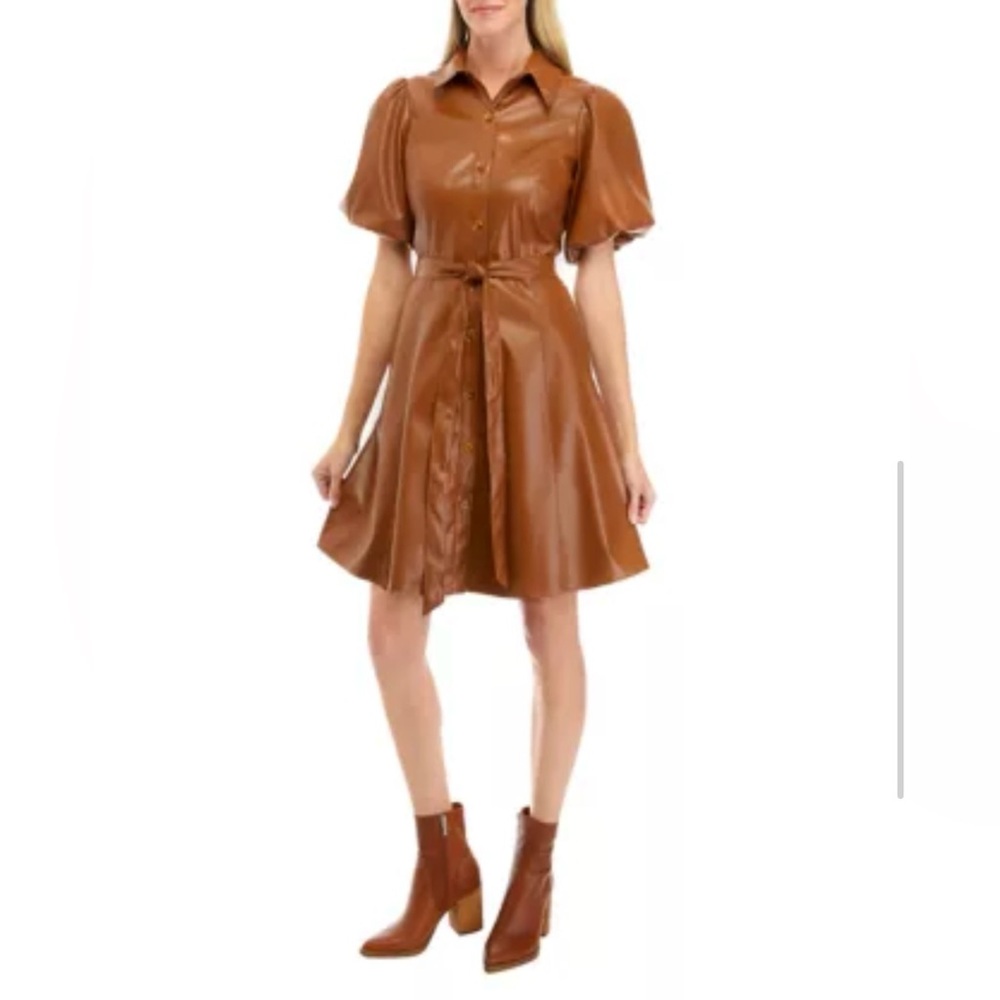 Puff sleeve faux leather dress